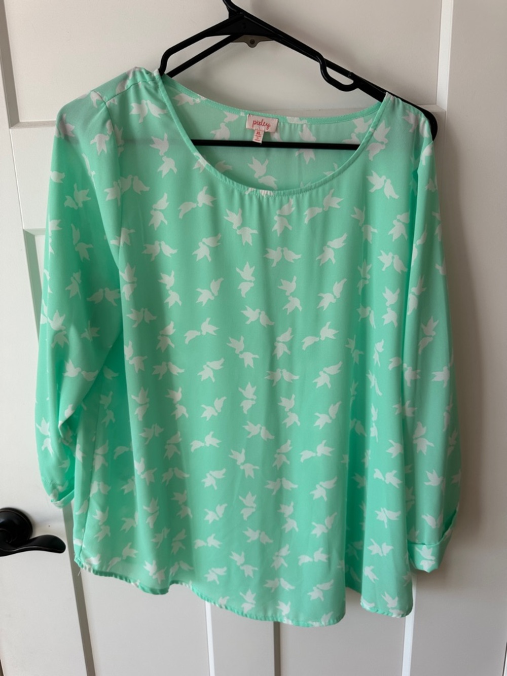 Pixley Mint Green Bird-Print Long Sleeve Blouse